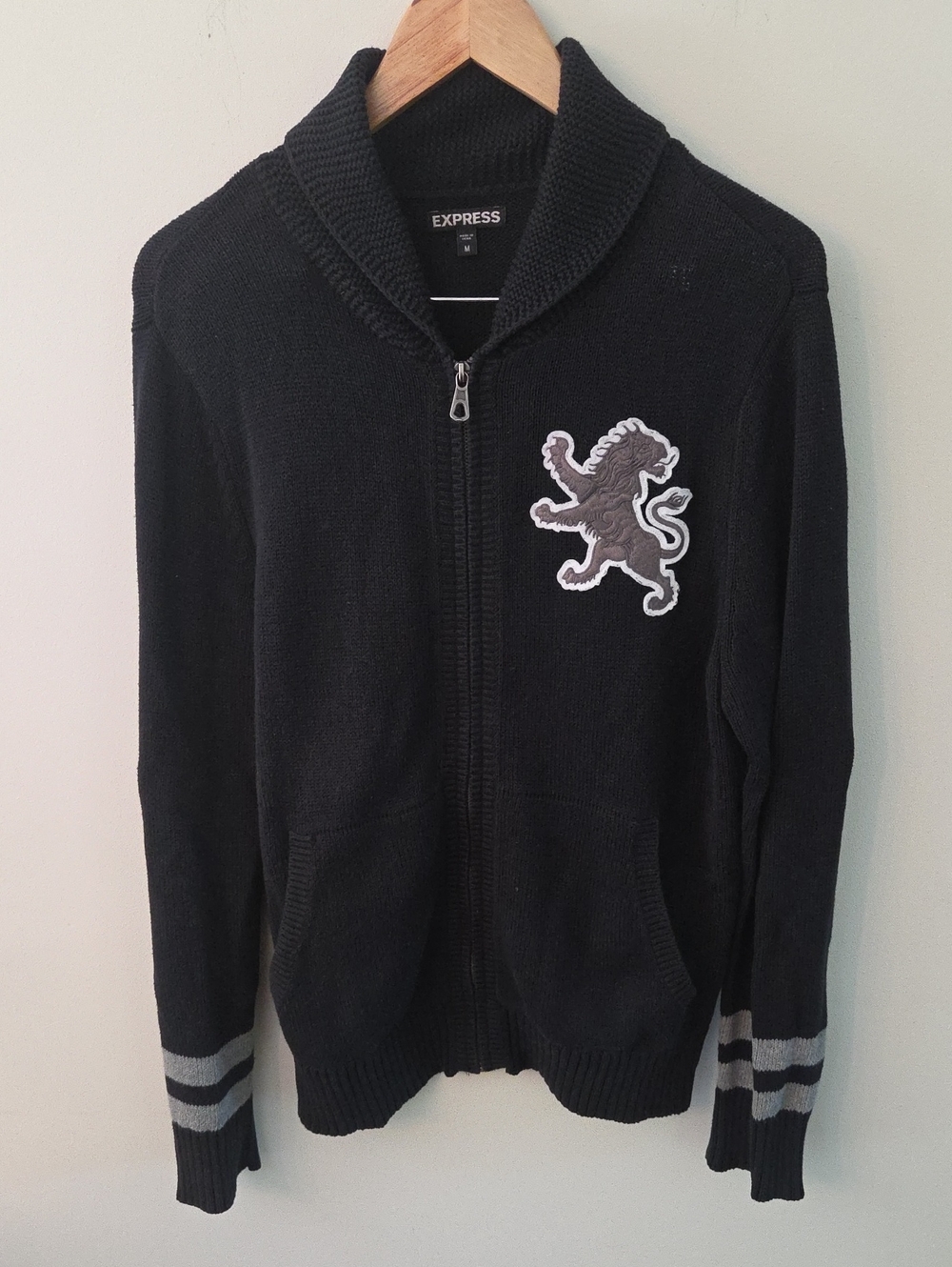Express Black Full Zip-Up Cotton Knit Sweater with Lion Patch